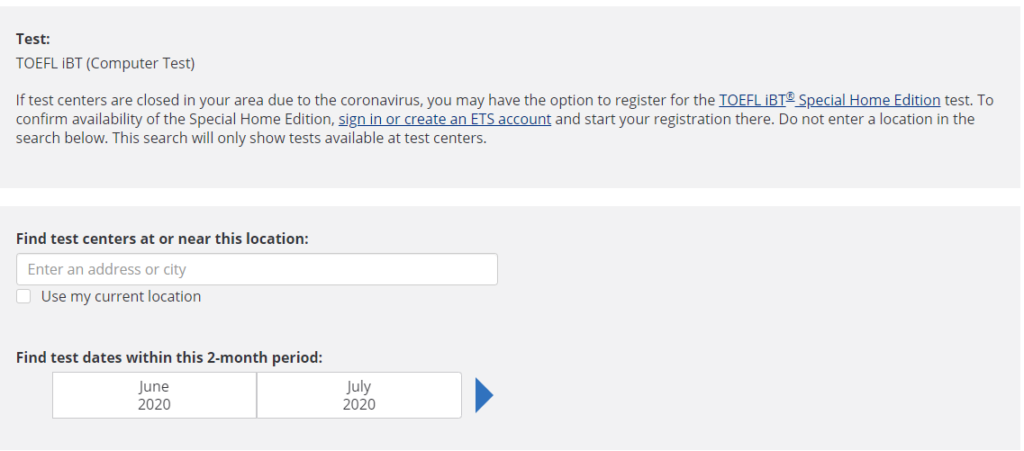 Test: 
TOEFL i8T (Computer Test) 
Find test centers at or near this location: 
Japan, Präfektur Ösakafiß,fi 
Find test dates within this 2-month period: 
October 
November 
2019 
2019 
O Info 
Restricted Reservation Code (If Applicable): 
Find Test Centers And Dates 